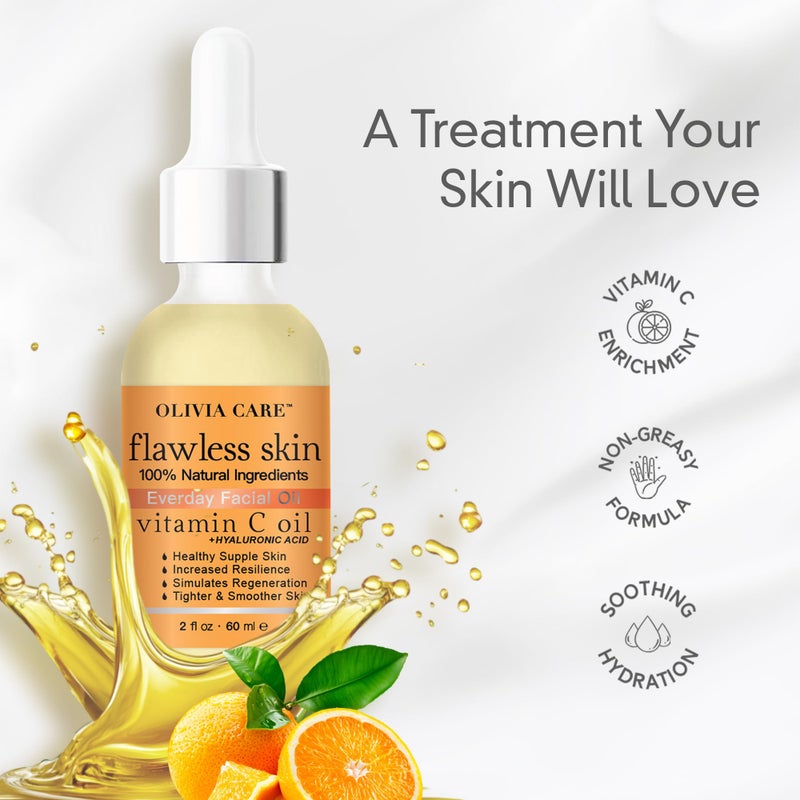 Olivia Care Vitamin C + Hyaluronic Acid Flawless Essential Facial Oil Acid 100% Natural, Reviving, Hydrating, Calming & Soothing. Stabilize & Retain Moisture 2 fl oz (Vitamin C) - Image 3